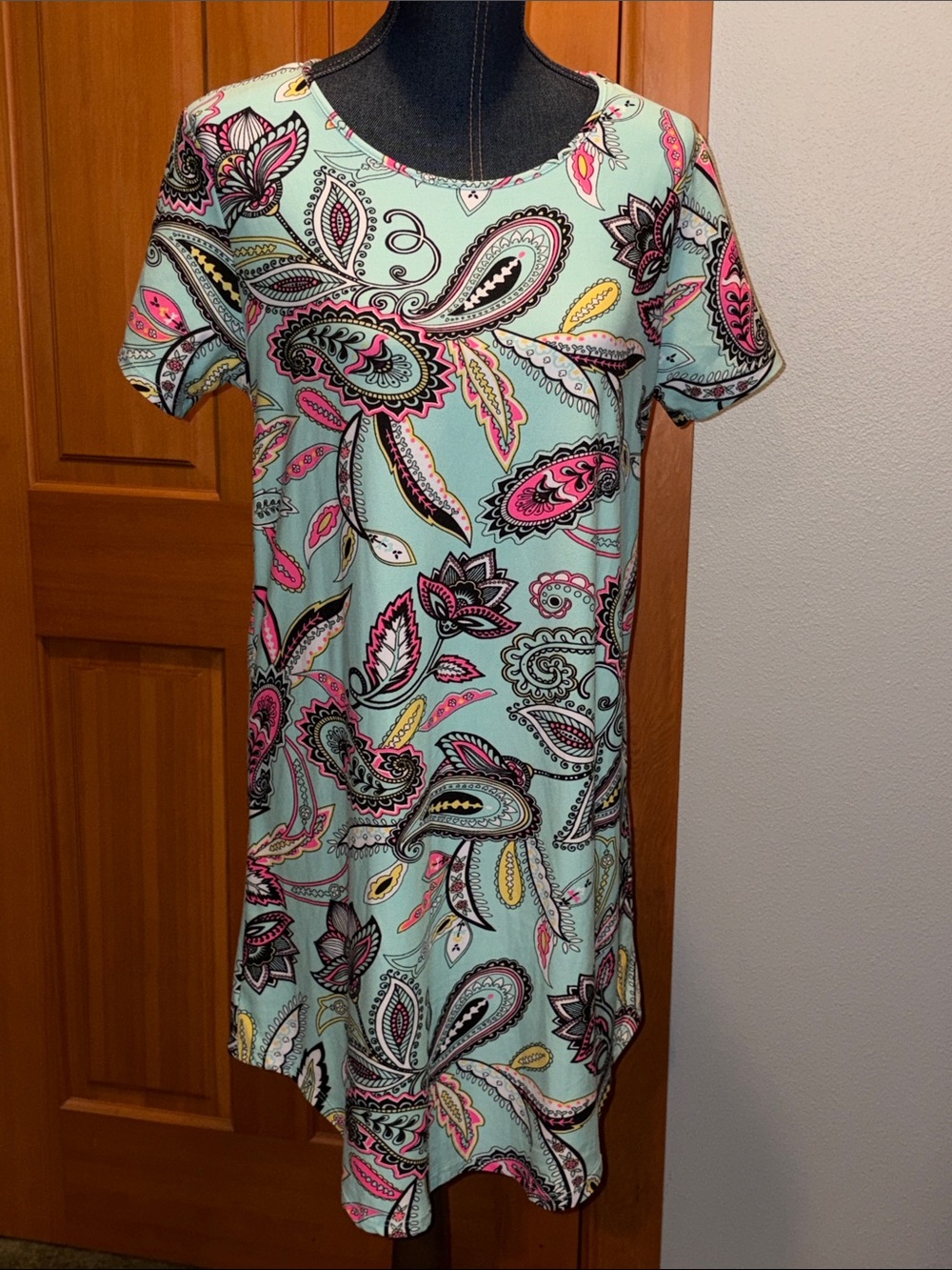 Bobbie Brooks Mint Paisley Short Sleeve Nightshirt with Pink & Yellow Accents